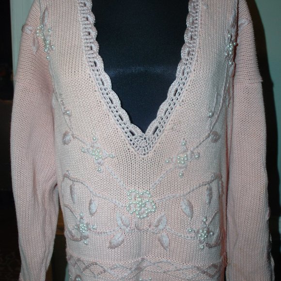 Vintage Pearl Beaded Cotton Sweater - Picture 1 of 6
